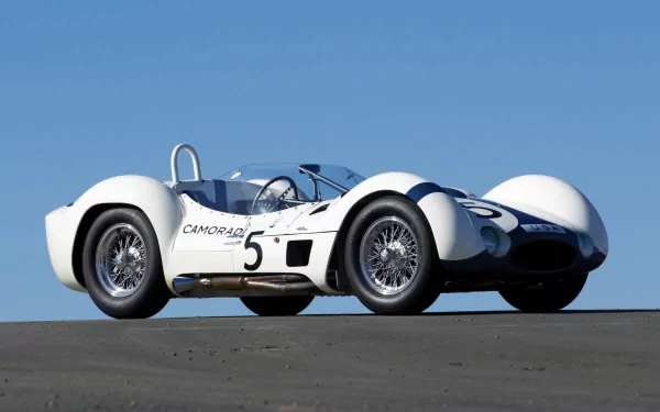 White Maserati Tipo 61 Birdcage sports car (#5) on tarmac under a clear blue sky — HD PC desktop wallpaper/background.