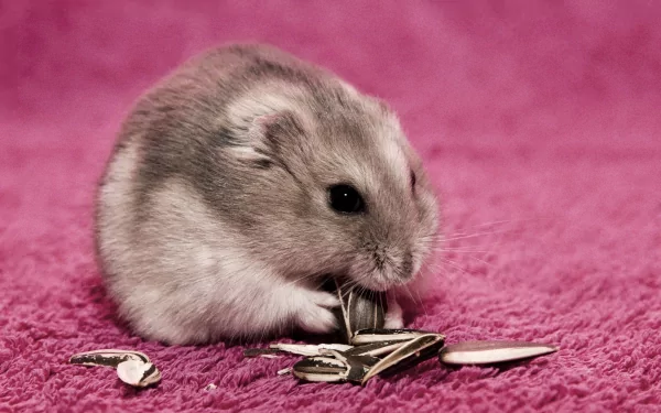 A cute hamster nibbling on seeds, set against a vibrant pink background. This HD image makes a delightful animal-themed desktop wallpaper.