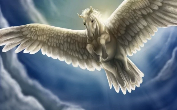 A majestic pegasus soars through a dreamy sky, its powerful wings outstretched amidst swirling clouds, evoking a sense of fantasy. High-definition desktop wallpaper.
