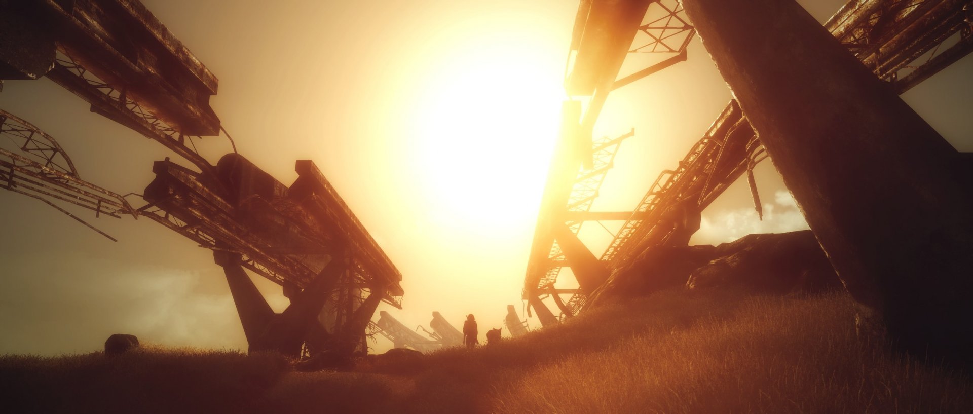 HD PC desktop wallpaper from the video game Fallout 3, depicting a bright, sunlit scene with silhouetted figures and large industrial structures.