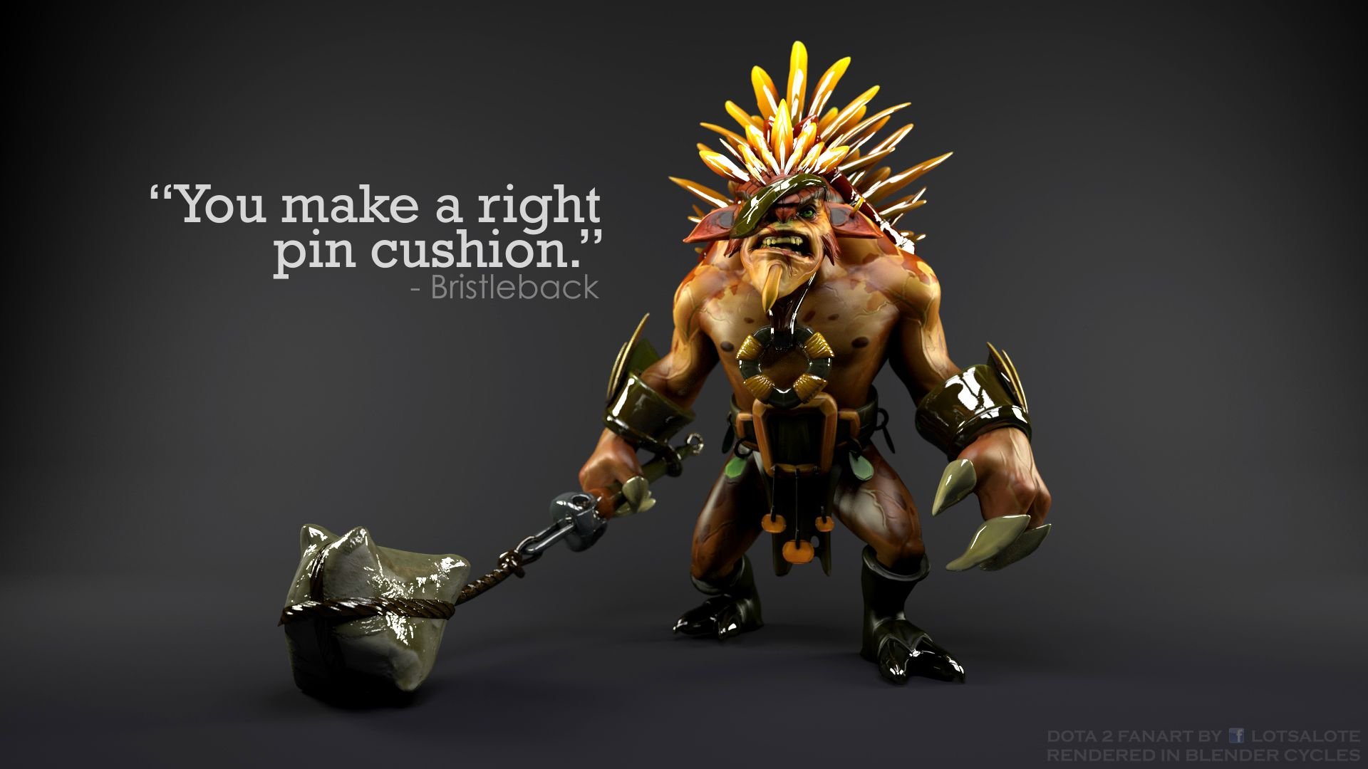 HD PC desktop wallpaper of DotA 2 hero Bristleback with spiked quills and a giant mace, captioned You make a right pin cushion. Dark gradient studio-style background.