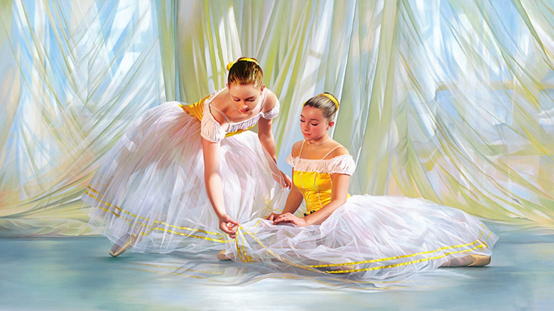 A graceful artistic scene featuring two women in elegant ballet costumes, set against a soft, flowing background. This HD PC desktop wallpaper captures a moment of beauty and movement.
