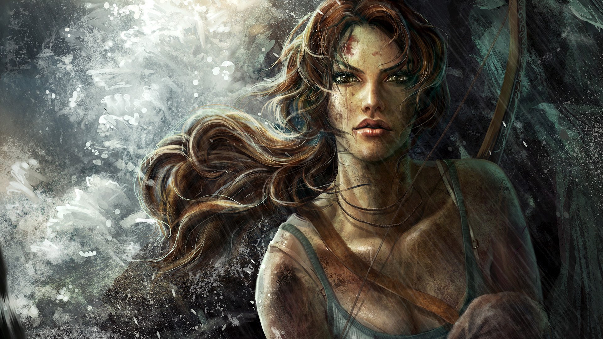 A dynamic HD wallpaper featuring the iconic character from the video game Tomb Raider, showcasing her strength and resilience against a dramatic backdrop.