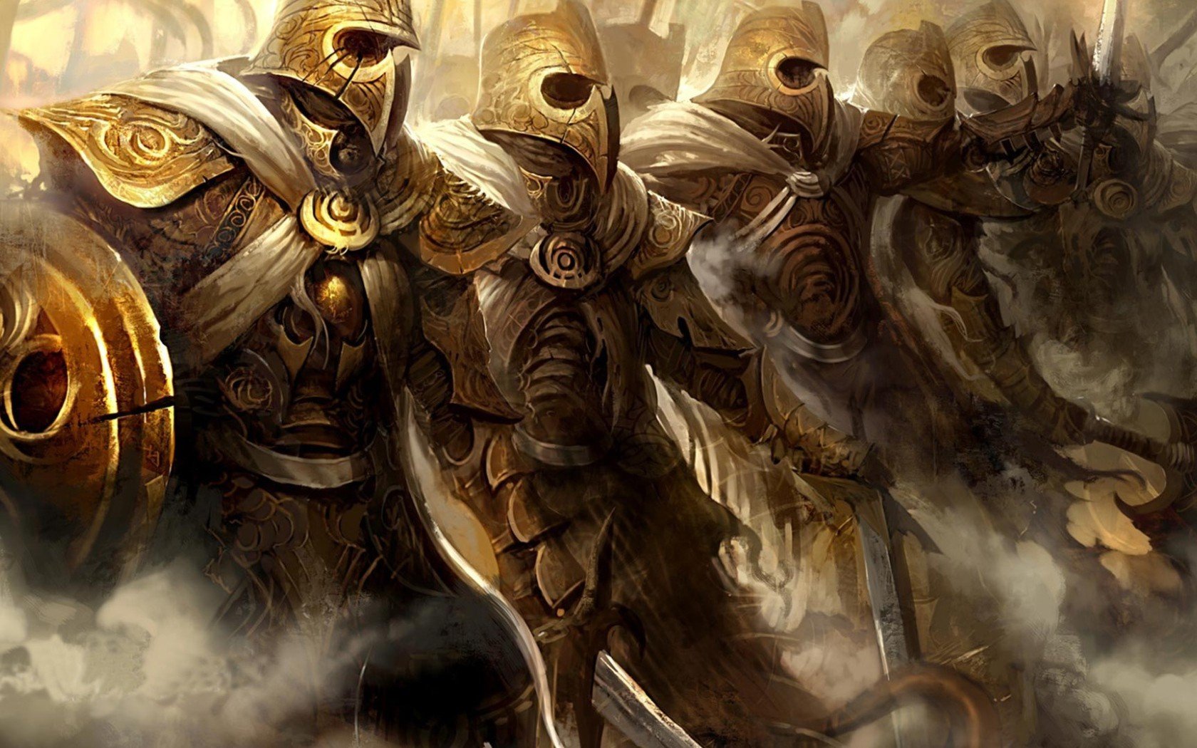 Guild Wars 2 video game HD PC desktop wallpaper: a row of ornate gold-armored soldiers with shields and helms advancing through a smoky battlefield.