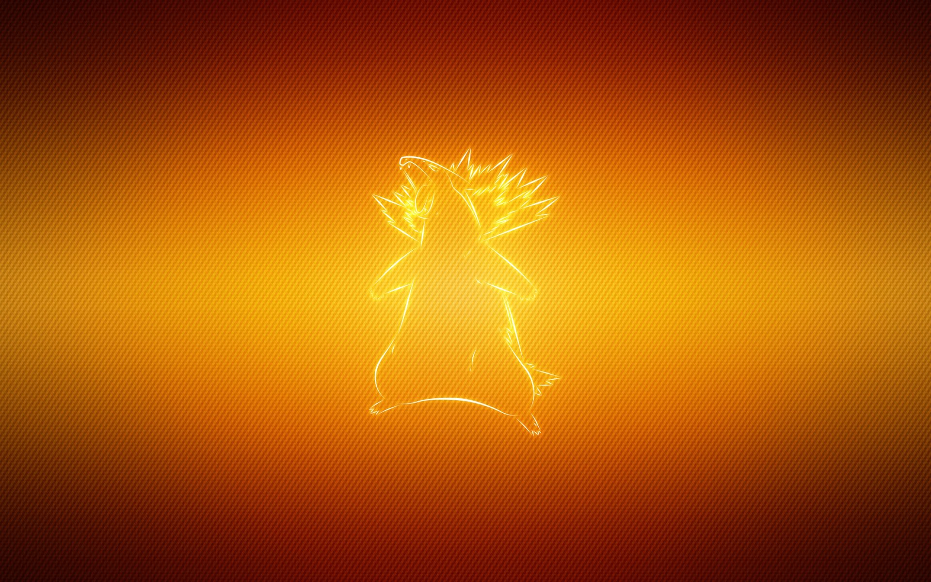 HD PC desktop wallpaper of Typhlosion from the Pokémon video game series, featuring a glowing fiery outline on an orange background.