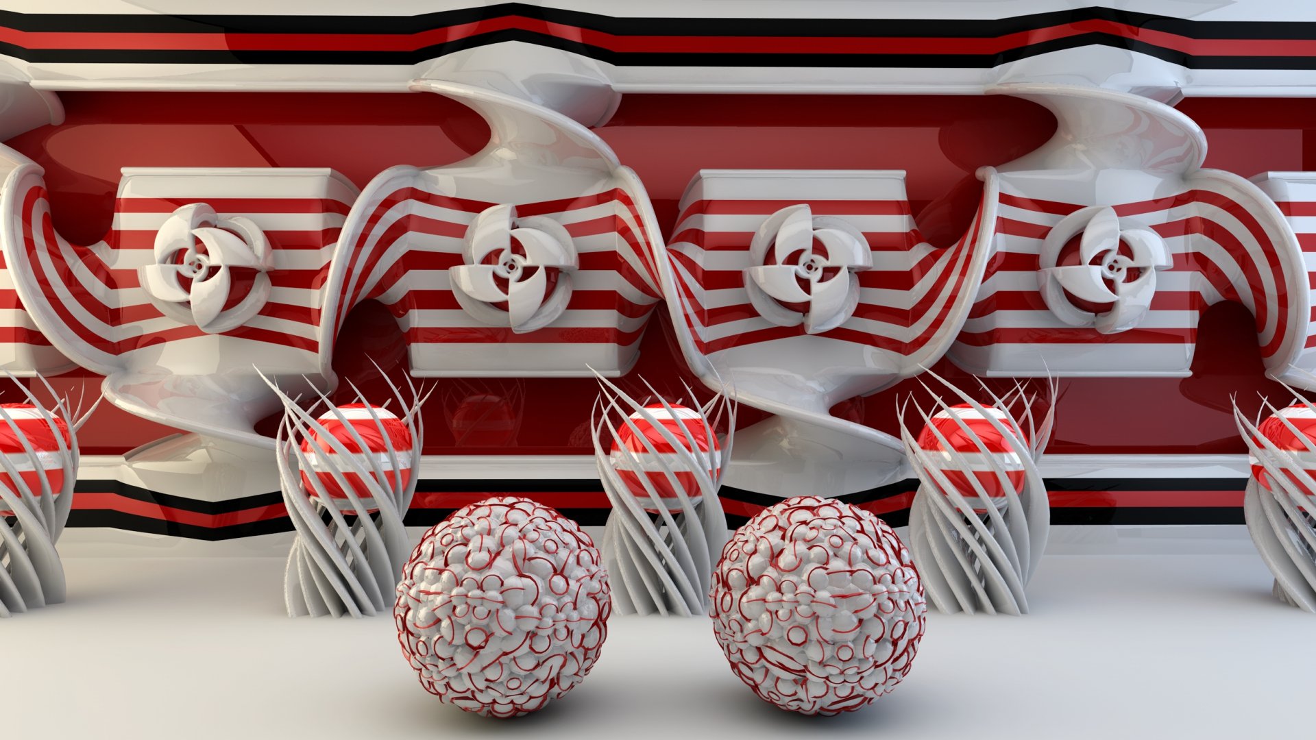 Artistic 3D HD desktop wallpaper featuring intricate red and white geometric shapes and spherical patterns against a bold, striped background.