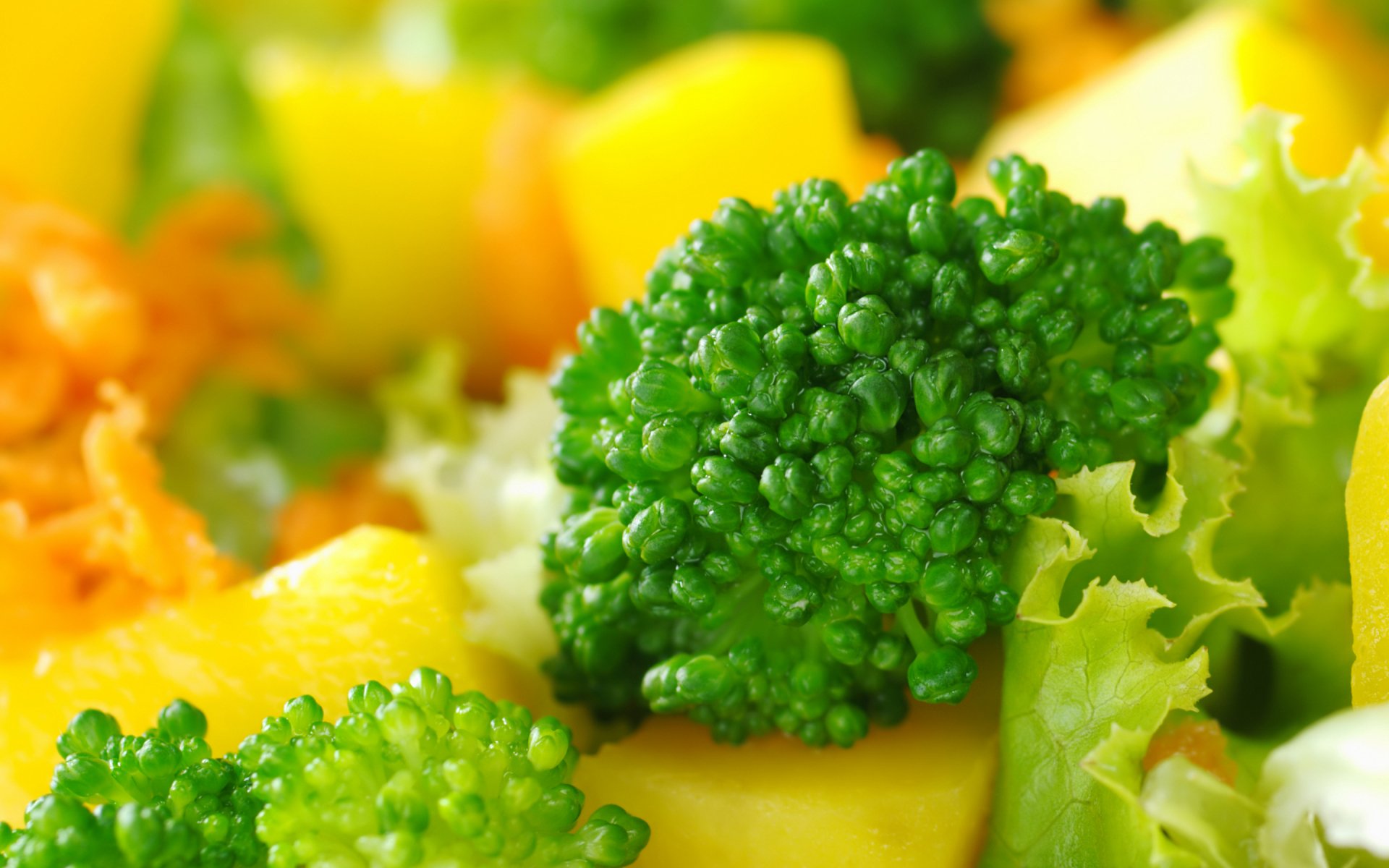 HD PC desktop wallpaper featuring a close-up of fresh salad with vibrant green broccoli and yellow bell peppers.