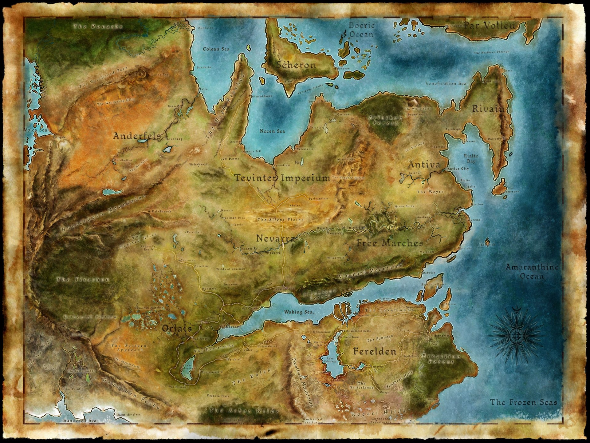 HD PC desktop wallpaper featuring a detailed map from the video game Dragon Age: Origins, showcasing its fantasy landscape and key locations.