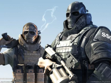 HD PC desktop wallpaper featuring two heavily armed characters from the video game Army of Two, dressed in tactical gear and masks against a clear sky background.
