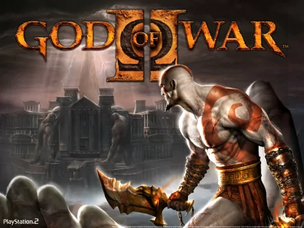 HD PC desktop wallpaper featuring Kratos from the video game God of War II, set against a dark, ancient city backdrop with the game's logo prominently displayed.