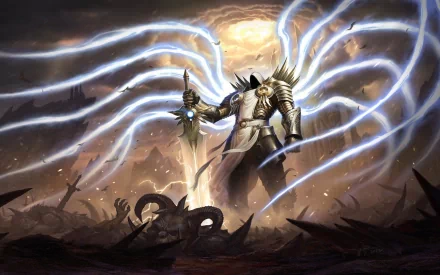 A dramatic HD wallpaper featuring Tyrael from Diablo III, showcasing the Archangel of Justice wielding his sword amidst a storm of light and destruction in a dark fantasy setting.