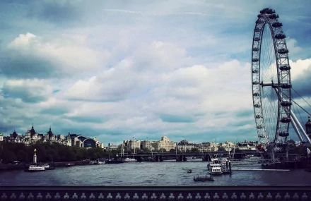 HD desktop wallpaper showing the London Eye and surrounding cityscape along the River Thames under a cloudy sky in London.