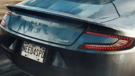 Rear close-up of a dirt-splattered blue sports car with license plate 'NEED4SPD' and glowing taillights — Need For Speed: Rivals video game HD PC desktop wallpaper and background.