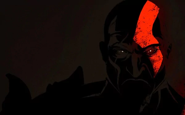 HD desktop wallpaper featuring a dark and intense portrayal of Kratos from the video game God of War, with his iconic red tattoo highlighted vividly against a shadowy background.
