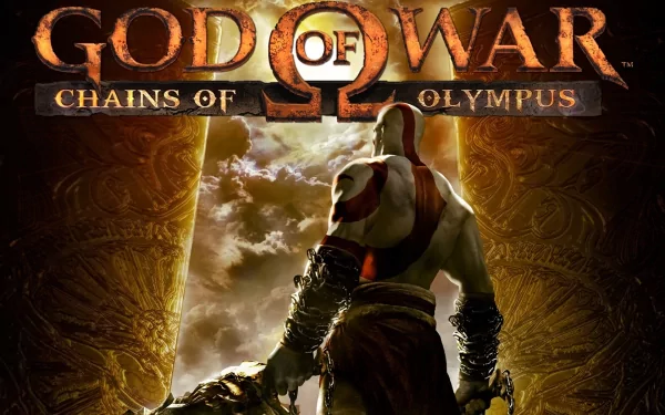 HD desktop wallpaper and background for God of War: Chains of Olympus, featuring the back of a warrior standing between two beams of light with the game's title prominently displayed above.