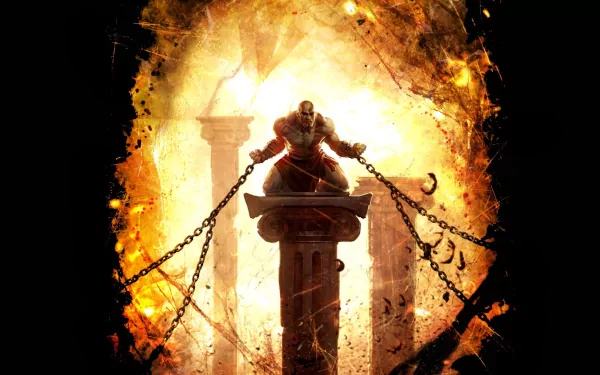 A striking HD wallpaper from God of War: Ascension, featuring Kratos chained atop a pillar with fiery explosions and ancient ruins in the background, evoking epic gameplay moments.