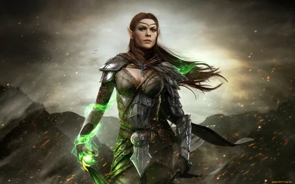 A fierce elf in intricate armor wields green magic against a dramatic background, showcasing action and adventure from The Elder Scrolls Online in this HD desktop wallpaper.