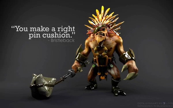 HD PC desktop wallpaper of DotA 2 hero Bristleback with spiked quills and a giant mace, captioned You make a right pin cushion. Dark gradient studio-style background.