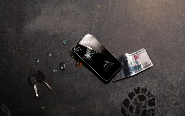 HD desktop wallpaper showing a cracked iPhone with scattered components, keys, and a banknote on a dark textured surface, highlighting technology and urban elements.