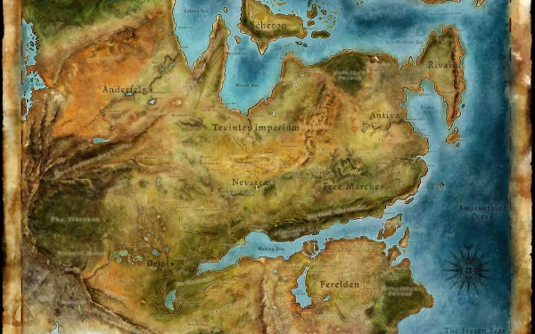HD PC desktop wallpaper featuring a detailed map from the video game Dragon Age: Origins, showcasing its fantasy landscape and key locations.