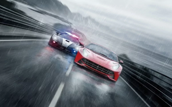 HD PC desktop wallpaper featuring an intense high-speed chase scene from the video game Need For Speed: Rivals, showcasing a red sports car pursued by a police vehicle in rainy conditions.