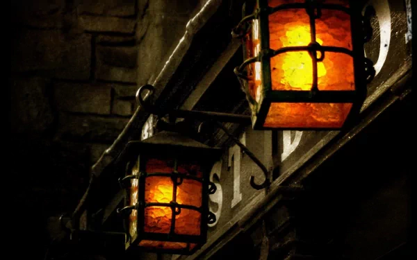 A close-up of two glowing lanterns, showcasing intricate metalwork and warm amber light. This HD wallpaper offers a captivating man-made aesthetic for desktop backgrounds.