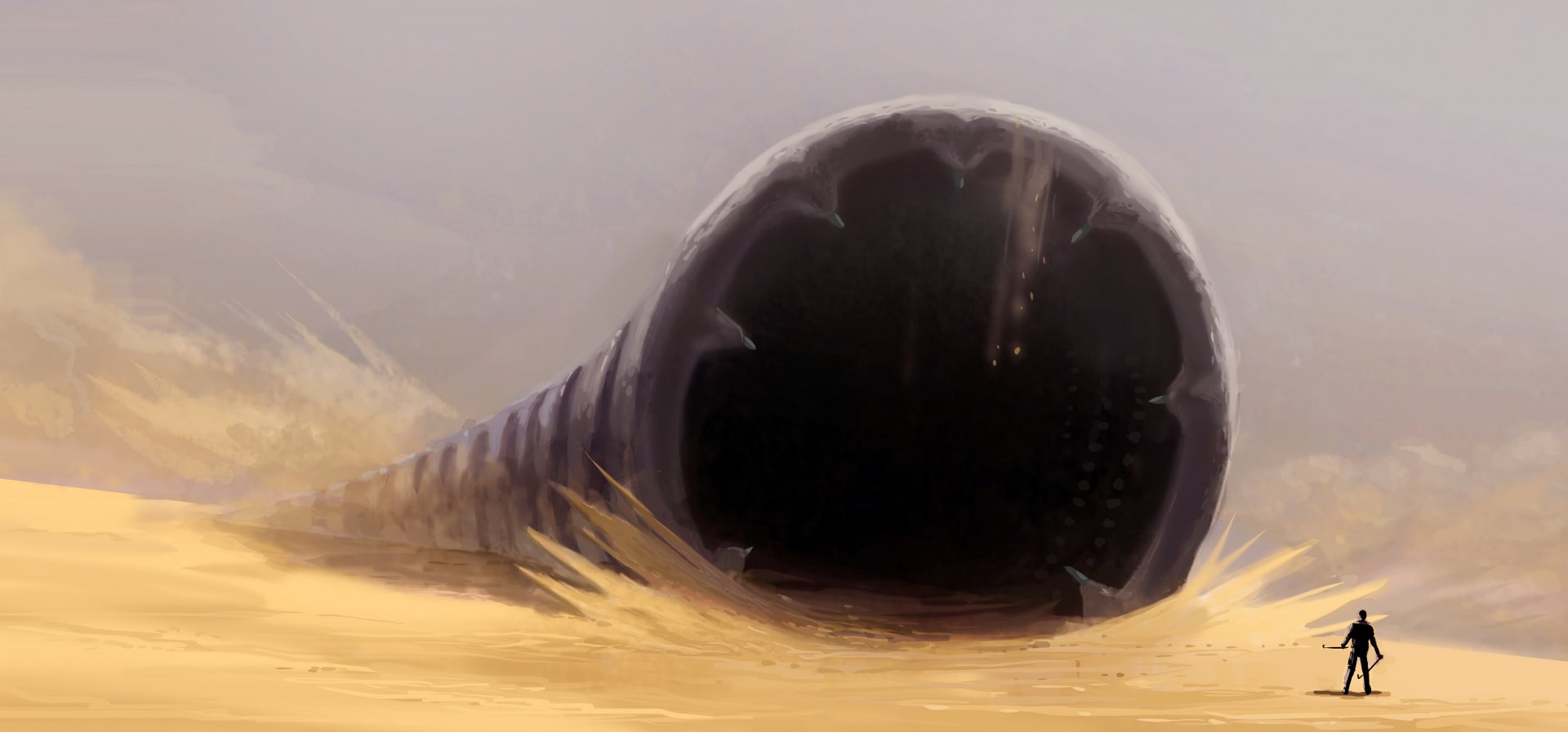 A 4K Ultra HD sci-fi Dune-inspired wallpaper depicting a massive sandworm emerging from desert sands with a lone figure standing nearby on a PC desktop background.