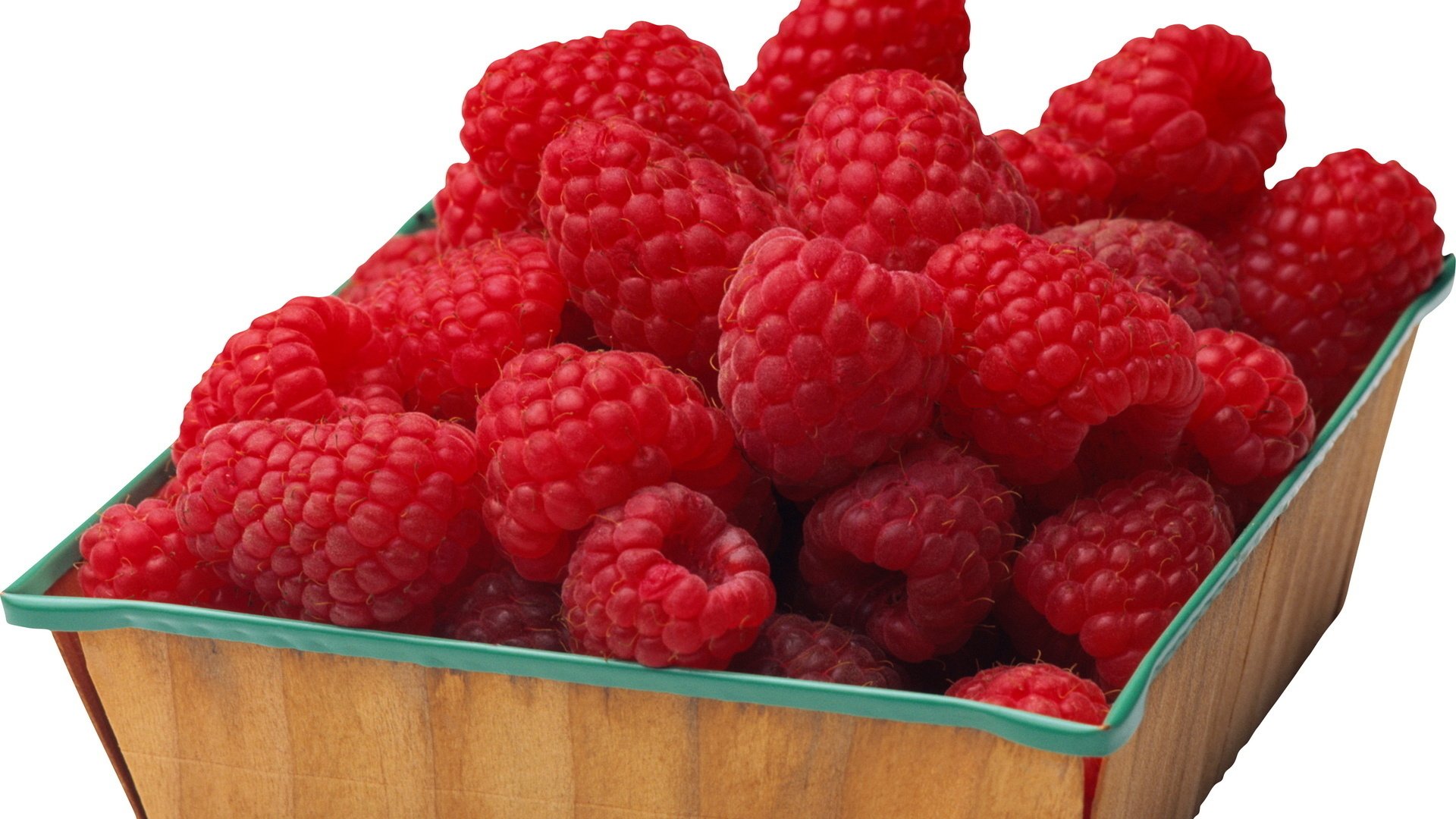 HD desktop wallpaper featuring a close-up of fresh, vibrant red raspberries piled in a wooden container, highlighting the texture and color of the fruit.