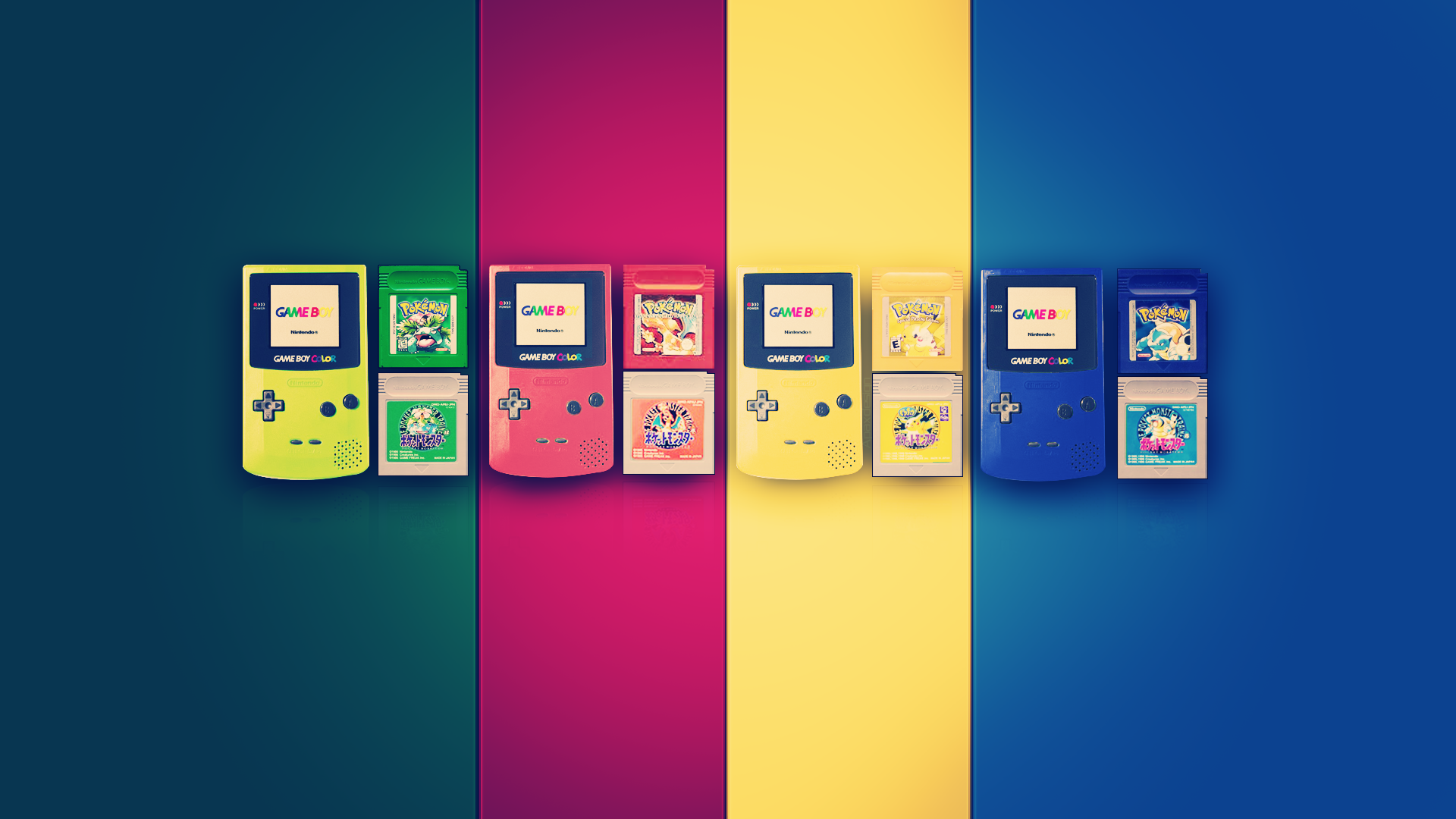 A colorful HD desktop wallpaper featuring a row of Game Boy consoles against a vibrant multicolored background.