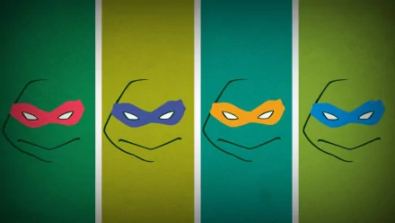 HD PC desktop wallpaper featuring minimalist comic-style Teenage Mutant Ninja Turtles masks in red, blue, orange, and blue against bold colored panels.