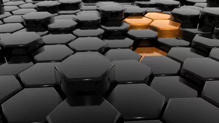 A striking 3D art depiction featuring hexagonal shapes in a sleek black texture, with a few highlighted in vibrant orange, creating a visually engaging HD desktop wallpaper.