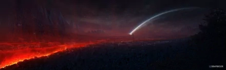 HD PC desktop wallpaper: sci-fi planet rise — a glowing planet ascends over a blood-red alien plain, a lone tower and comet-like streak cut across a starry sky.
