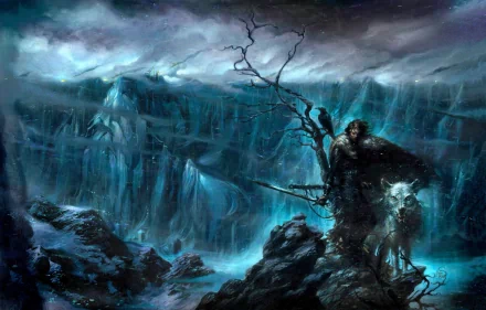 A dramatic HD wallpaper featuring Jon Snow from Game of Thrones, standing resolute against a backdrop of icy cliffs and a mystical, wintry landscape with a direwolf.