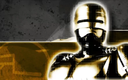 RoboCop (1987) movie HD PC desktop wallpaper: stylized gold-and-black close-up of RoboCop's armored helmet and shoulders against a grungy textured background.