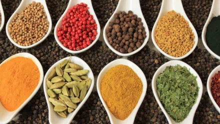 A vibrant assortment of herbs and spices displayed in white spoons, set against a dark background, creating a rich and colorful food-themed desktop wallpaper.