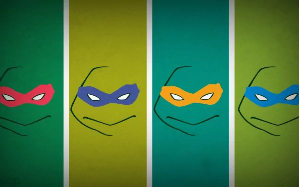 HD PC desktop wallpaper featuring minimalist comic-style Teenage Mutant Ninja Turtles masks in red, blue, orange, and blue against bold colored panels.