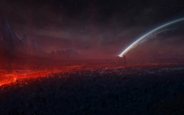 HD PC desktop wallpaper: sci-fi planet rise — a glowing planet ascends over a blood-red alien plain, a lone tower and comet-like streak cut across a starry sky.
