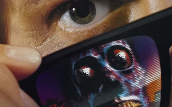 Close-up still from the movie They Live showing an eye above sunglasses reflecting a skeletal alien face — HD PC desktop wallpaper and background.