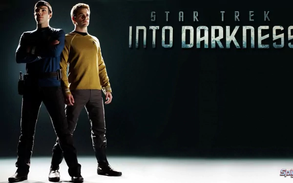 HD PC desktop wallpaper featuring characters from the movie Star Trek Into Darkness standing against a dark background with the title displayed prominently.