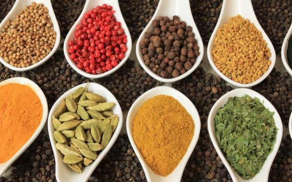 A vibrant assortment of herbs and spices displayed in white spoons, set against a dark background, creating a rich and colorful food-themed desktop wallpaper.
