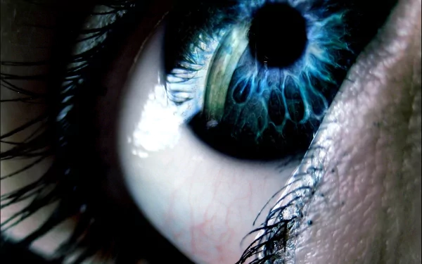Close-up photography of a striking blue eye with detailed iris and eyelashes, designed as an HD PC desktop wallpaper and background featuring people.