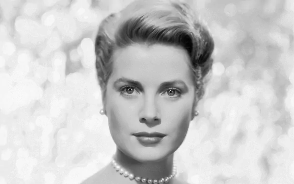 HD PC desktop wallpaper: black-and-white portrait of an elegant classic Hollywood celebrity wearing a pearl necklace against a soft, sparkling bokeh background.