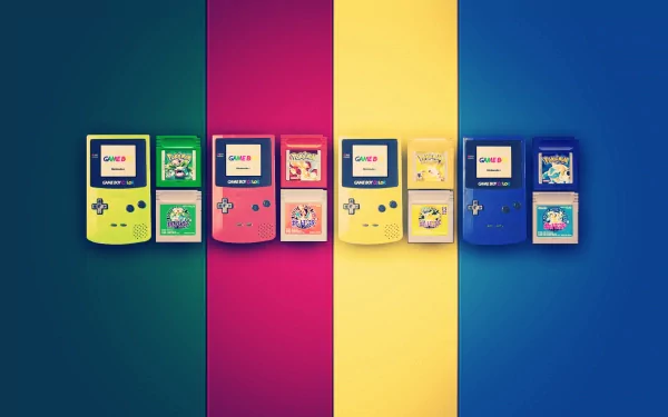 A colorful HD desktop wallpaper featuring a row of Game Boy consoles against a vibrant multicolored background.