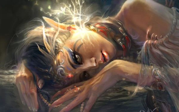 A captivating fantasy-themed HD wallpaper featuring an elf with delicate features, adorned with shimmering jewels and ethereal light, creating a mystical atmosphere.