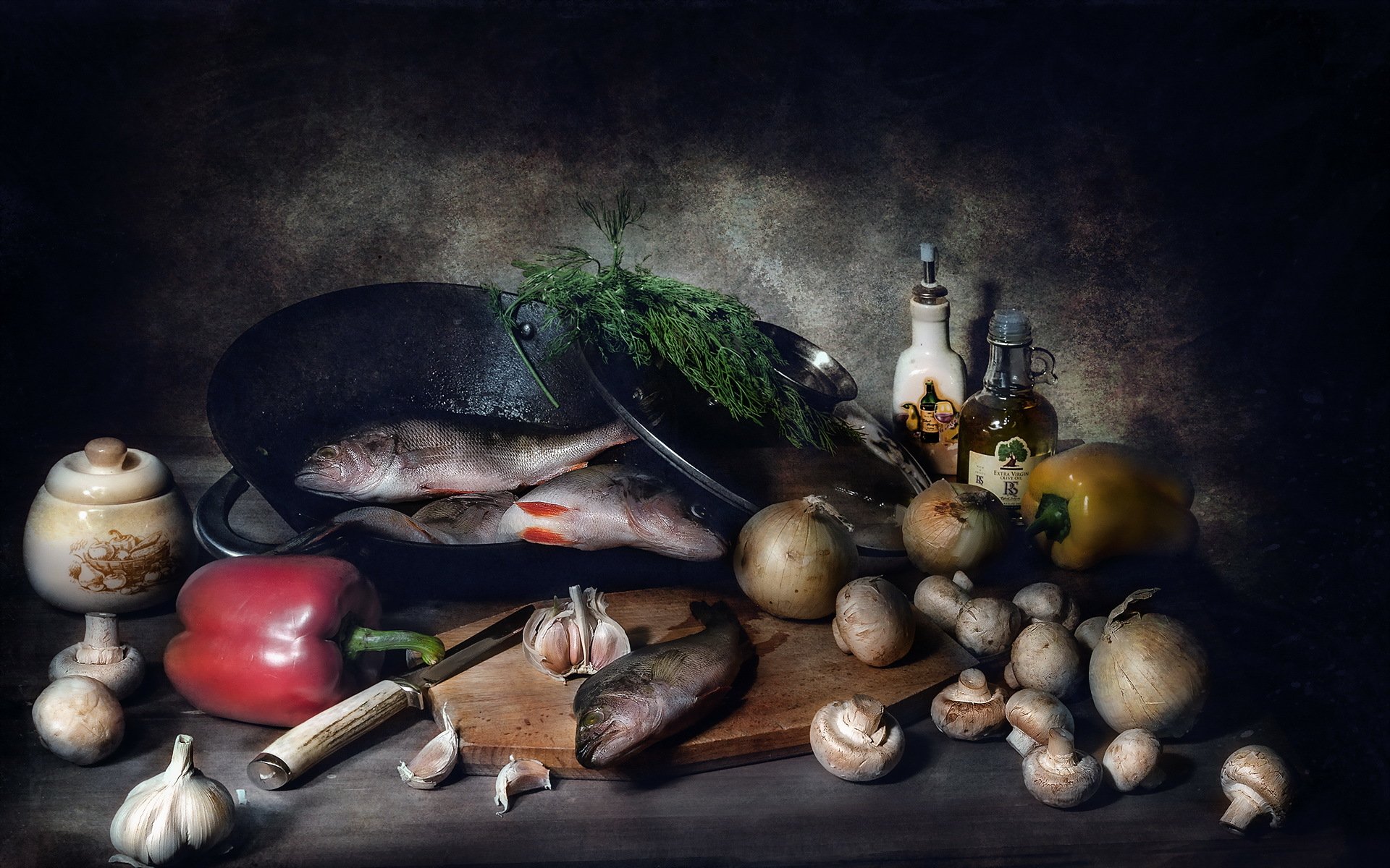 A rich still life featuring fresh fish, colorful vegetables, and aromatic herbs, beautifully arranged with olive oil and garlic, providing an appealing food composition for a HD desktop wallpaper.