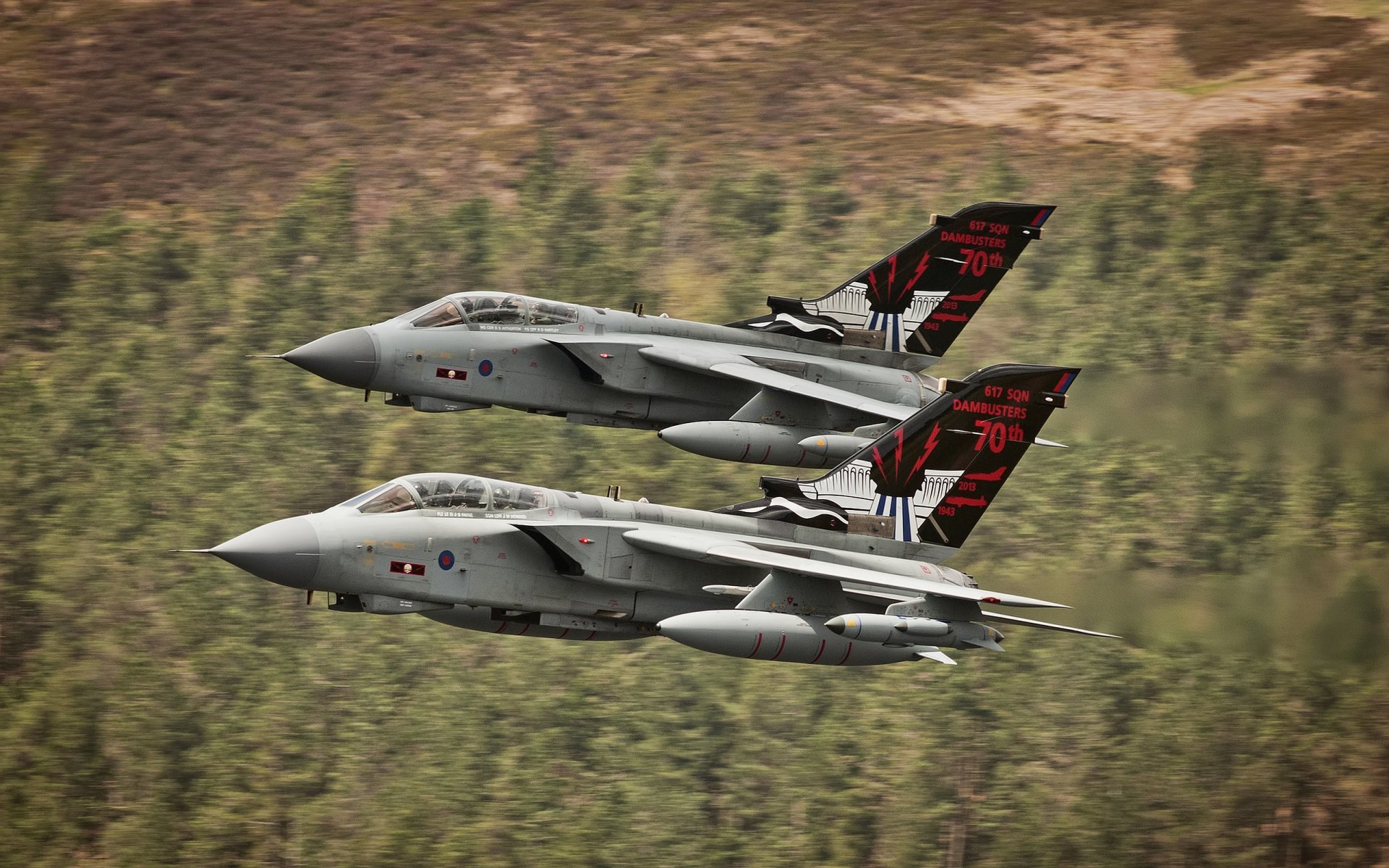 HD desktop wallpaper featuring two Panavia Tornado military jets flying in close formation over a forested landscape.