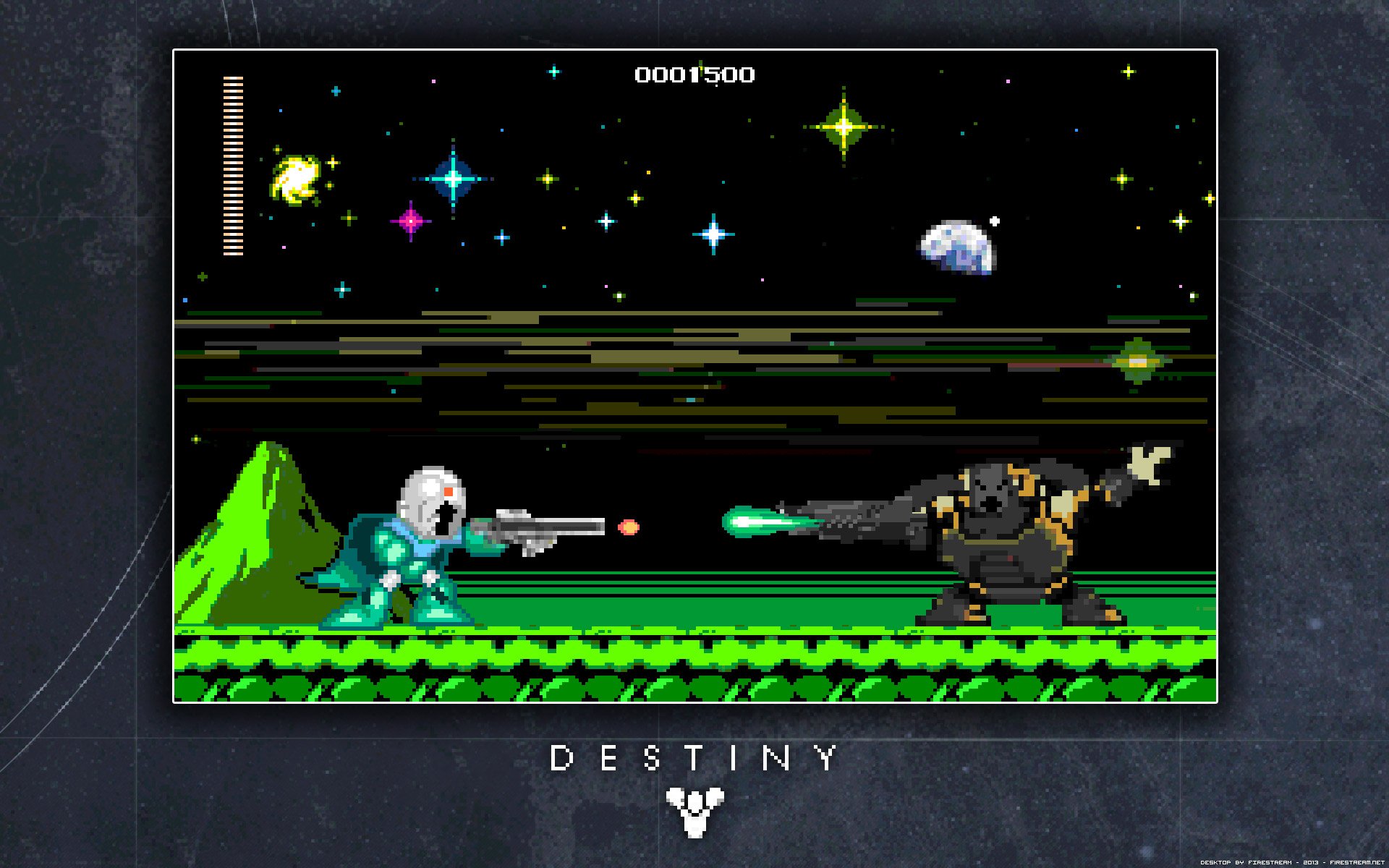 Pixel art HD PC wallpaper featuring a retro-style Destiny video game scene with a Guardian and enemy battling on a green, starry alien landscape.