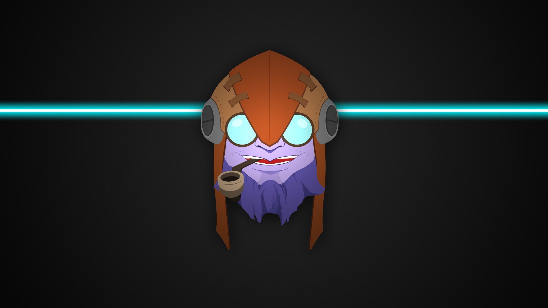 HD PC desktop wallpaper: minimalist DotA 2 video game icon — stylized hero face with orange aviator helmet, glowing goggles, purple beard and smoking pipe against a dark backdrop with cyan light.