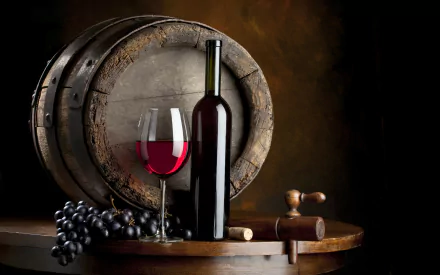 HD PC desktop wallpaper featuring a wine bottle, glass of red wine, grapes, corkscrew, and a rustic wooden barrel in a warm, dark setting.