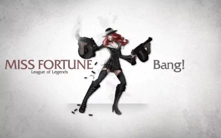 HD PC wallpaper of Miss Fortune (League of Legends) — the video game's red-haired gunslinger in pinstripes firing twin pistols with a bold Bang! caption.